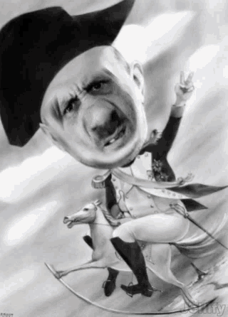 a black and white drawing of a man riding a rocking horse with his head in the air