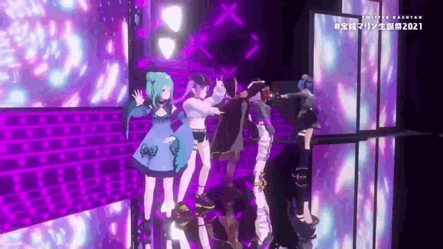 a group of anime characters are standing on a stage in front of a purple wall .
