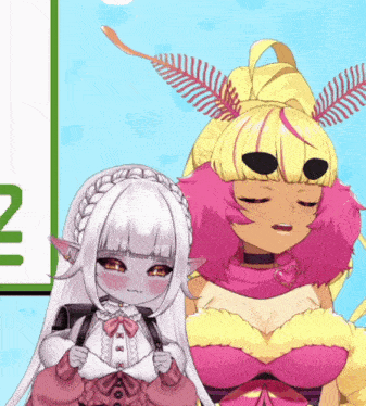 two anime girls are standing next to each other and one has a backpack on her back