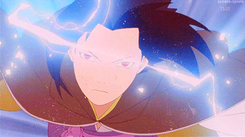 a cartoon character with a cape and a lightning bolt coming out of his head .