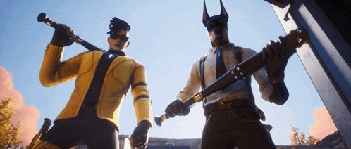 a man in a yellow jacket and a man in a white shirt are standing next to each other holding weapons