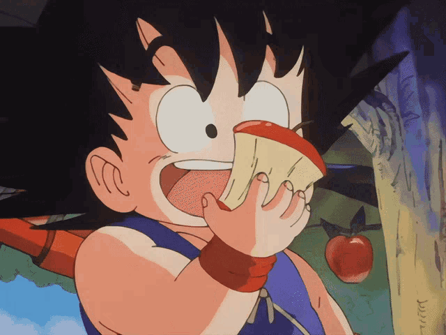a cartoon of a boy eating an apple with his mouth open