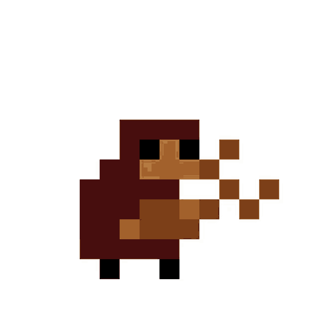 a pixel art drawing of a person in a red robe holding a stick .