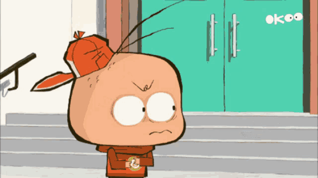 two cartoon characters are standing in front of a door that says okoo on it