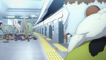 a cartoon drawing of a subway station with a bird on the tracks