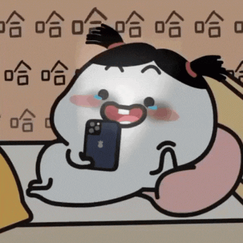 a cartoon character is holding a cell phone and smiling