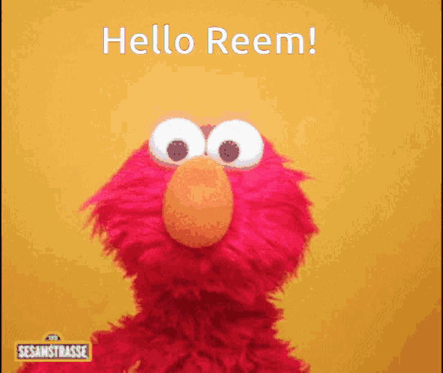 elmo says hello reem in front of a yellow background
