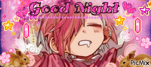 a picture of a girl with pink hair and the words good night on it