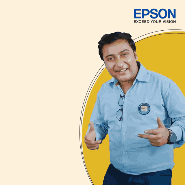 an advertisement for epson shows a smiling man