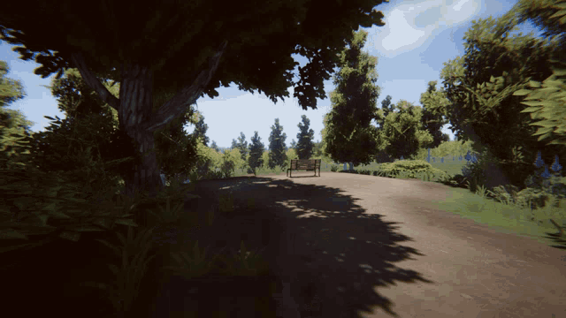a dirt road with trees on both sides and a wooden bench in the middle
