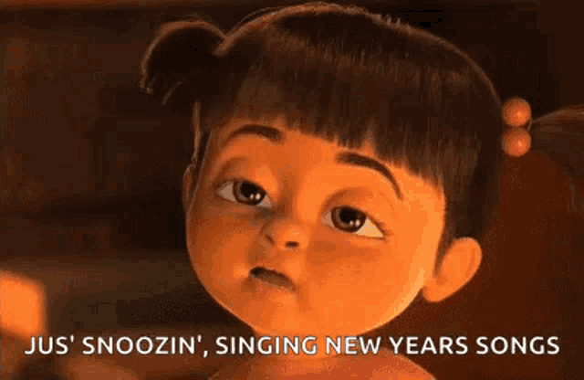 a cartoon girl is singing new year 's songs from monsters inc .