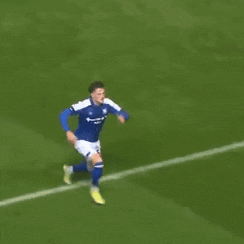 a soccer player in a blue jersey is running on a field .
