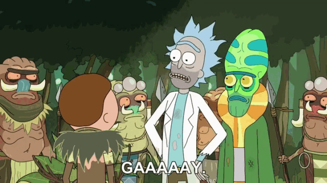 a cartoon of rick and morty says gaaaay in front of a group of monsters