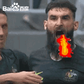 a man with a beard has a flame coming out of his mouth