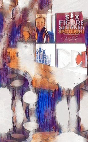 a six figure speaker spotlight poster is displayed on a shelf