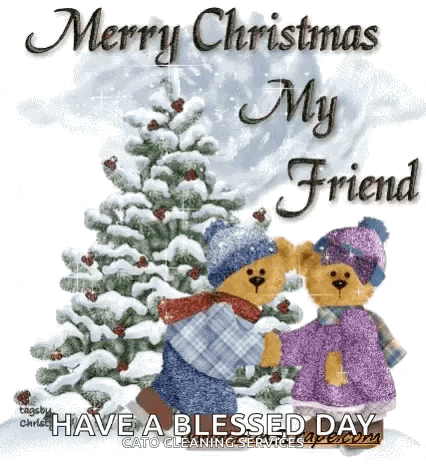 a couple of teddy bears standing next to a christmas tree in the snow .