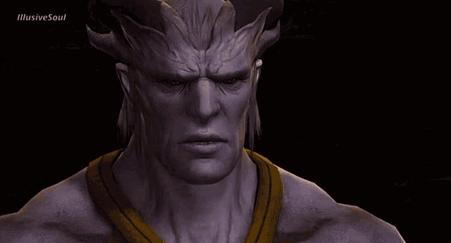 a close up of a demon 's face with illusive soul written on the bottom right