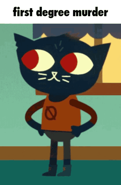 a cartoon cat is standing with his hands on his hips and the words first degree murder above him