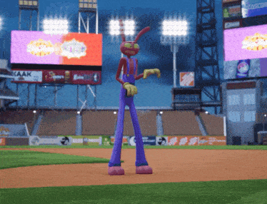 a cartoon character is standing on a baseball field in front of a kaak ad