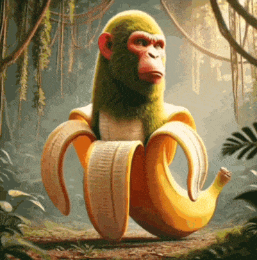 a monkey is sitting in a banana peel