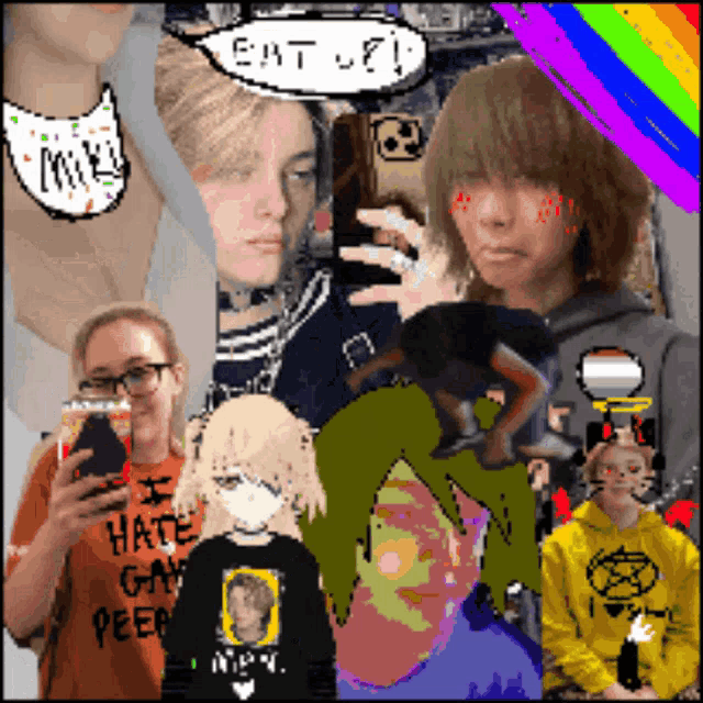 a collage of people with a speech bubble that says eat up