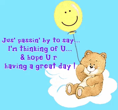 a teddy bear is sitting on a cloud holding a yellow balloon with a smiley face on it