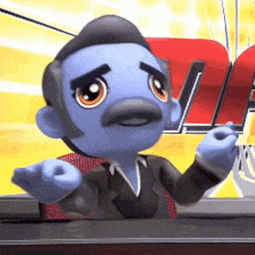 a blue cartoon character with a mustache is sitting at a desk with his arms outstretched .