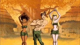 a man and two women are standing next to each other with their arms in the air
