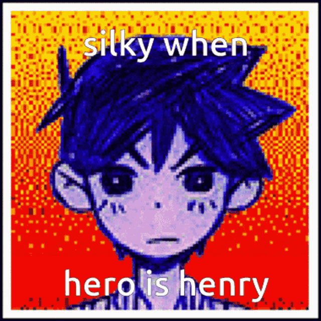 a pixel art of a boy with the words silky when hero is henry below him