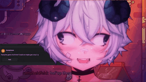 a screenshot of a video game shows a girl with horns and says anonymous at the bottom