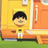 a cartoon character is sitting in front of a yellow house .