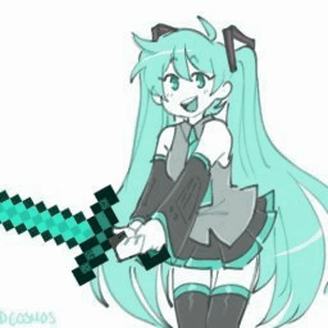 hatsune miku is holding a diamond sword in a drawing .