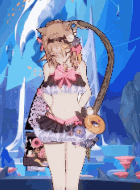a pixel art of a girl in a bikini holding a snake