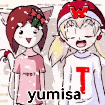 a cartoon of two girls with the word yumisa on the bottom right