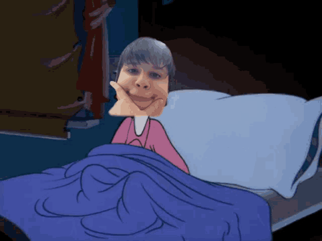 a cartoon of a woman laying in a bed with a purple blanket