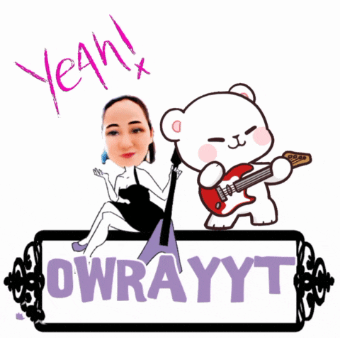 a cartoon of a woman sitting next to a teddy bear playing a guitar says yeah x