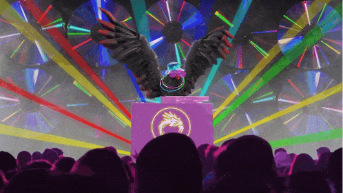 a cartoon drawing of a dj with wings flying over a crowd