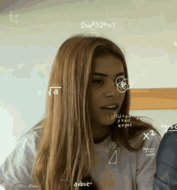 a girl is surrounded by mathematical equations including one that says 2 sin = 52 = 1