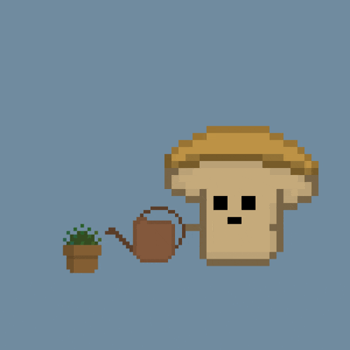 a pixel art drawing of a mushroom holding a watering can next to a small potted plant