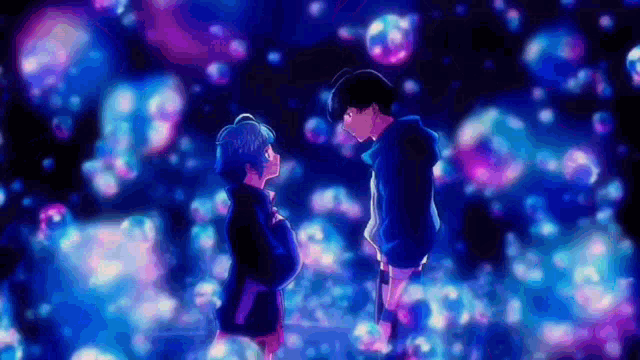 a couple of anime characters are standing next to each other in front of a jellyfish tank .