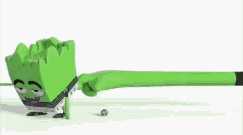a green cartoon character is being punched in the face by a very long fist .