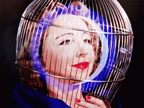 a woman in a bird cage has a blue light behind her