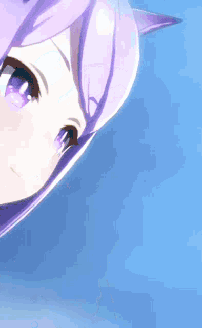 a close up of a anime girl 's face with purple hair and blue eyes against a blue background .
