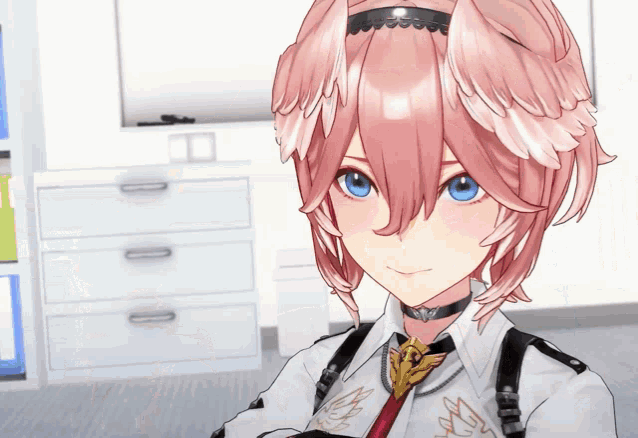 a girl with pink hair and blue eyes wearing a white shirt