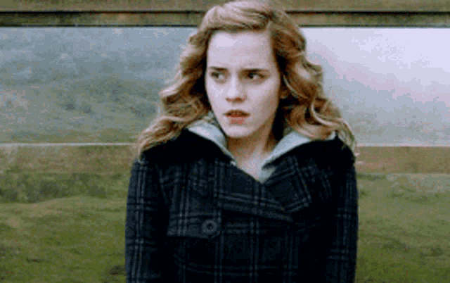 a woman in a plaid coat is standing in front of a field