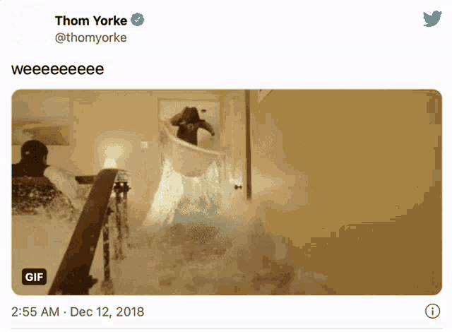 a tweet from thom yorke shows a bathtub being flooded with water