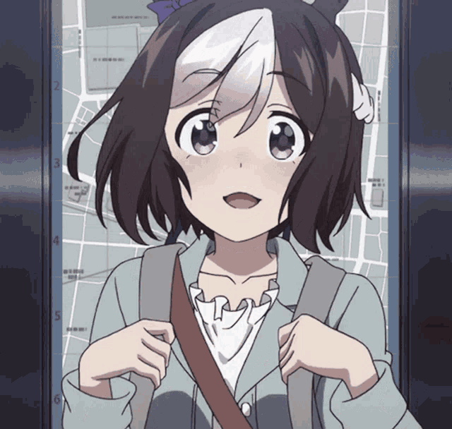 a girl with short hair and purple eyes is standing in front of a map with the number 5 on it