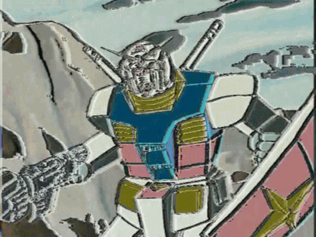 a drawing of a robot with a shield and gun