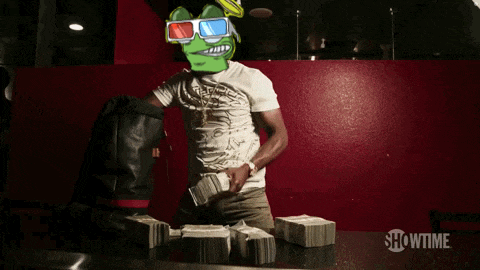 a man wearing 3d glasses is standing in front of stacks of money with showtime written on the bottom