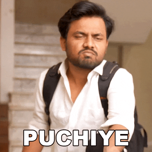 a man with a backpack is making a funny face and the word puchiye is on the screen behind him